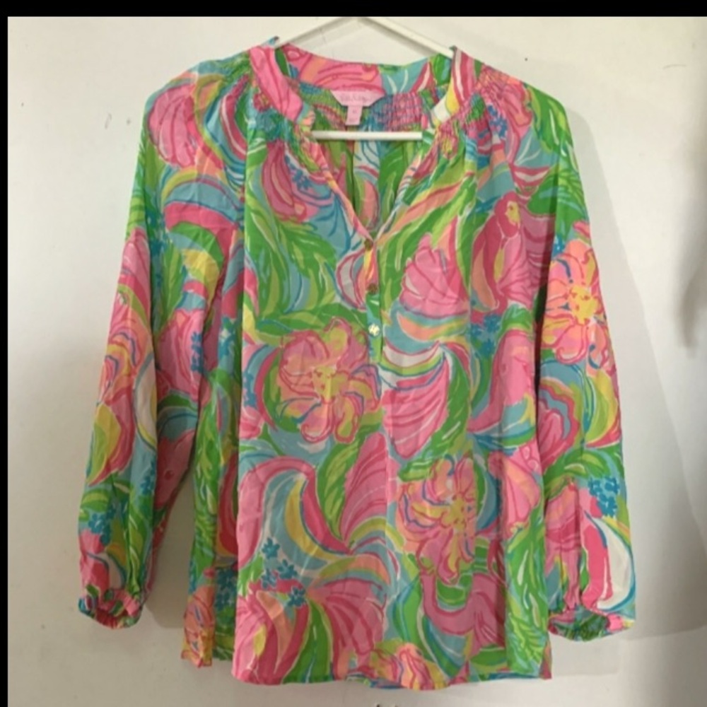 🌸 - Lilly Pulitzer sz XS-S So Apeeling "Elsa" Silk Floral Blouse